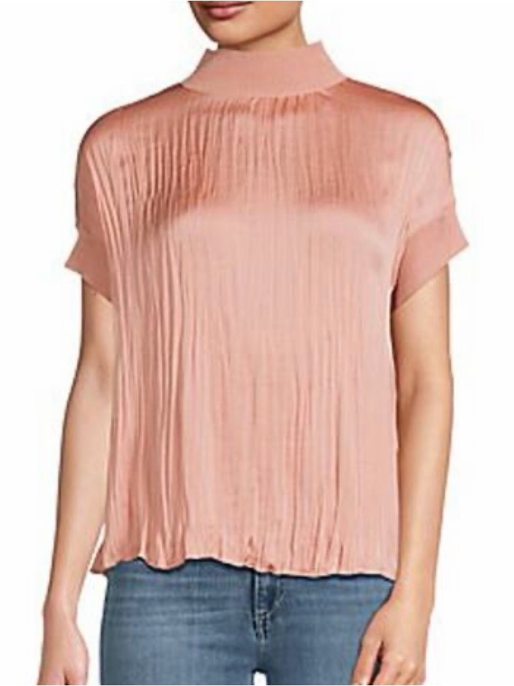 Vince Silk Lightweight Pleated Mock Neck Blouse in Blush